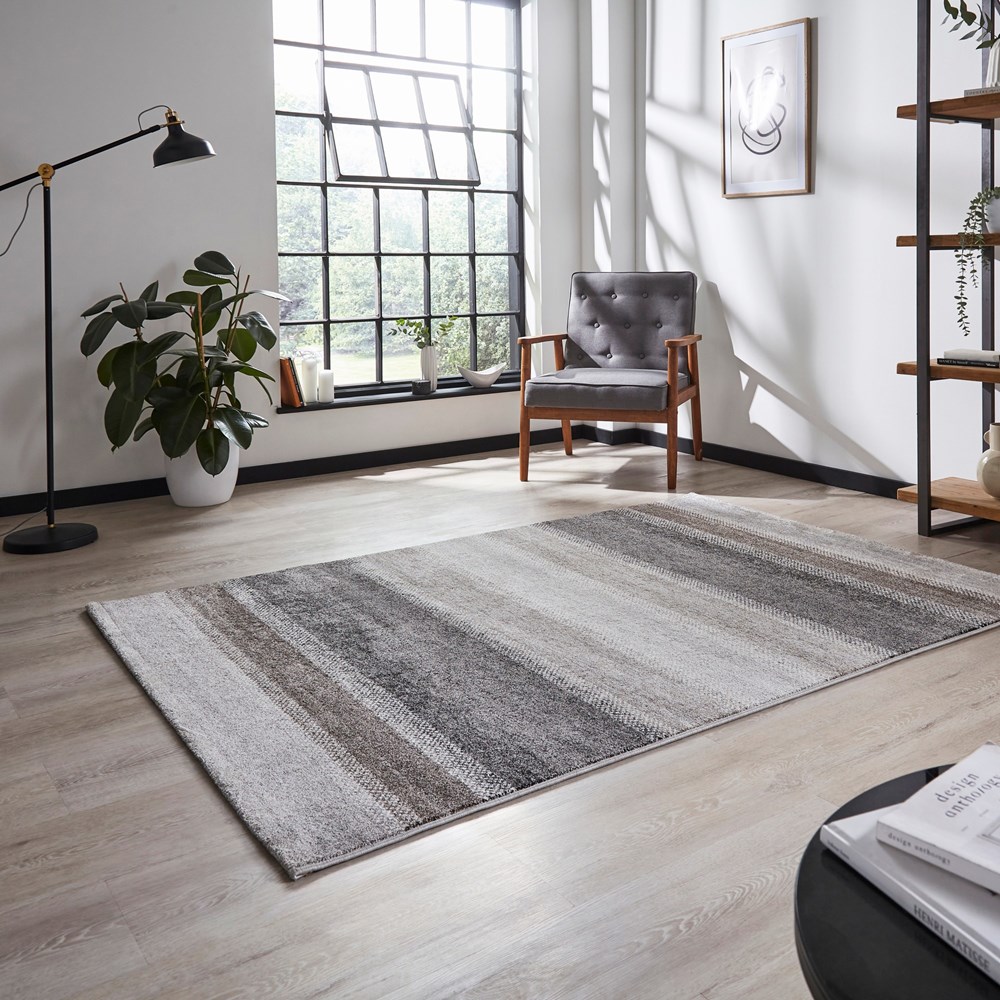 Milano 20687 Modern Stripe Rug in Grey Beige